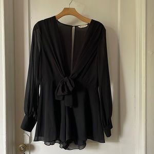 American Threads dressy long-sleeve black romper, bow tie front, fitted at waist